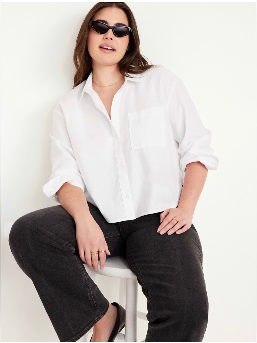 Old Navy White Ruffle Collar Cropped Button-Up Shirt NWT